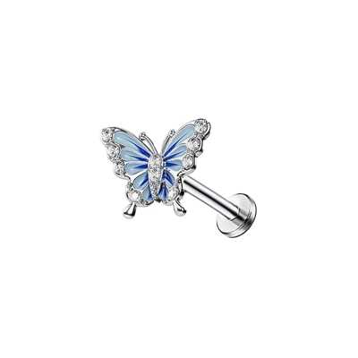 Labret „Aeralis“ – Schmetterling Silber/Blau, 1,2mm, 8mm, Flat Back