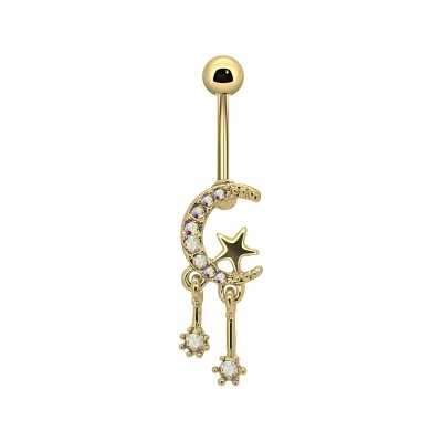 Bauchnabelschmuck Gold mit Mond & Stern – 1,6mm, 10mm Stab
