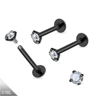 1,2 mm Labret Innengewinde – Schwarz mit gefasstem, rundem Kristall (2 / 2,5 / 3 mm), 6 / 8 mm