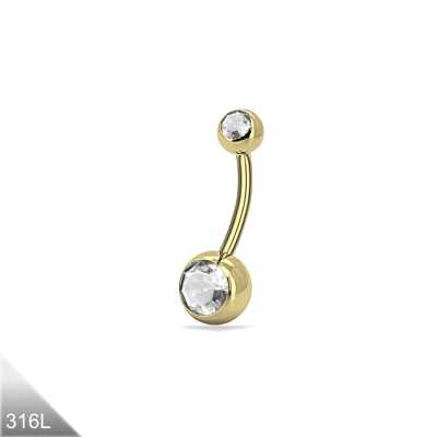 1,6mm Bauchnabelpiercing "Banana" – Gold, [Stablänge wählbar zwischen 6–10mm], 2 Kristalle
